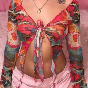 Colorful Tie-Front Mesh Top